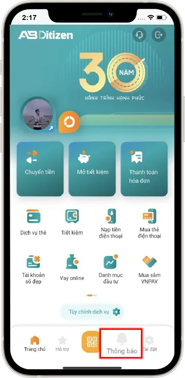 Bước 1: tại trang chủ nhấn chọn chuông thông báo